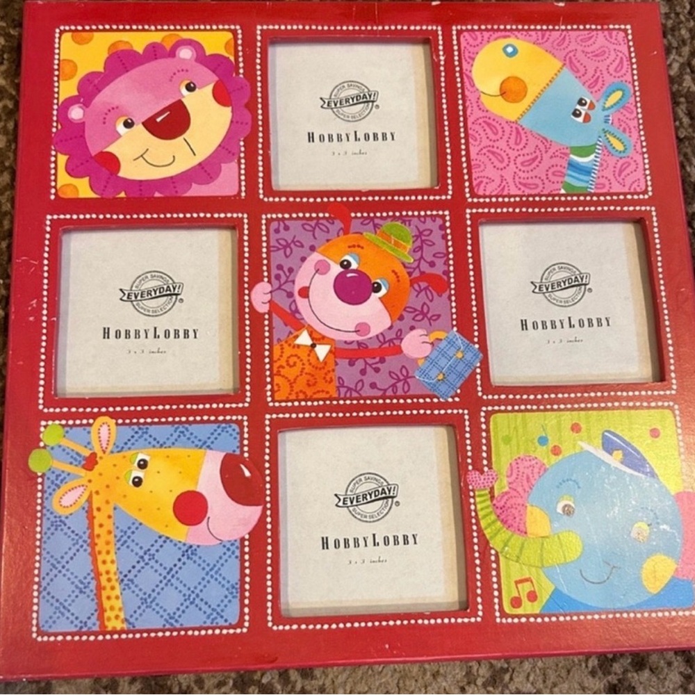 Hobby Lobby Red Kids Animal Multi-Photo Frame with Colorful Cartoon Faces: EUC